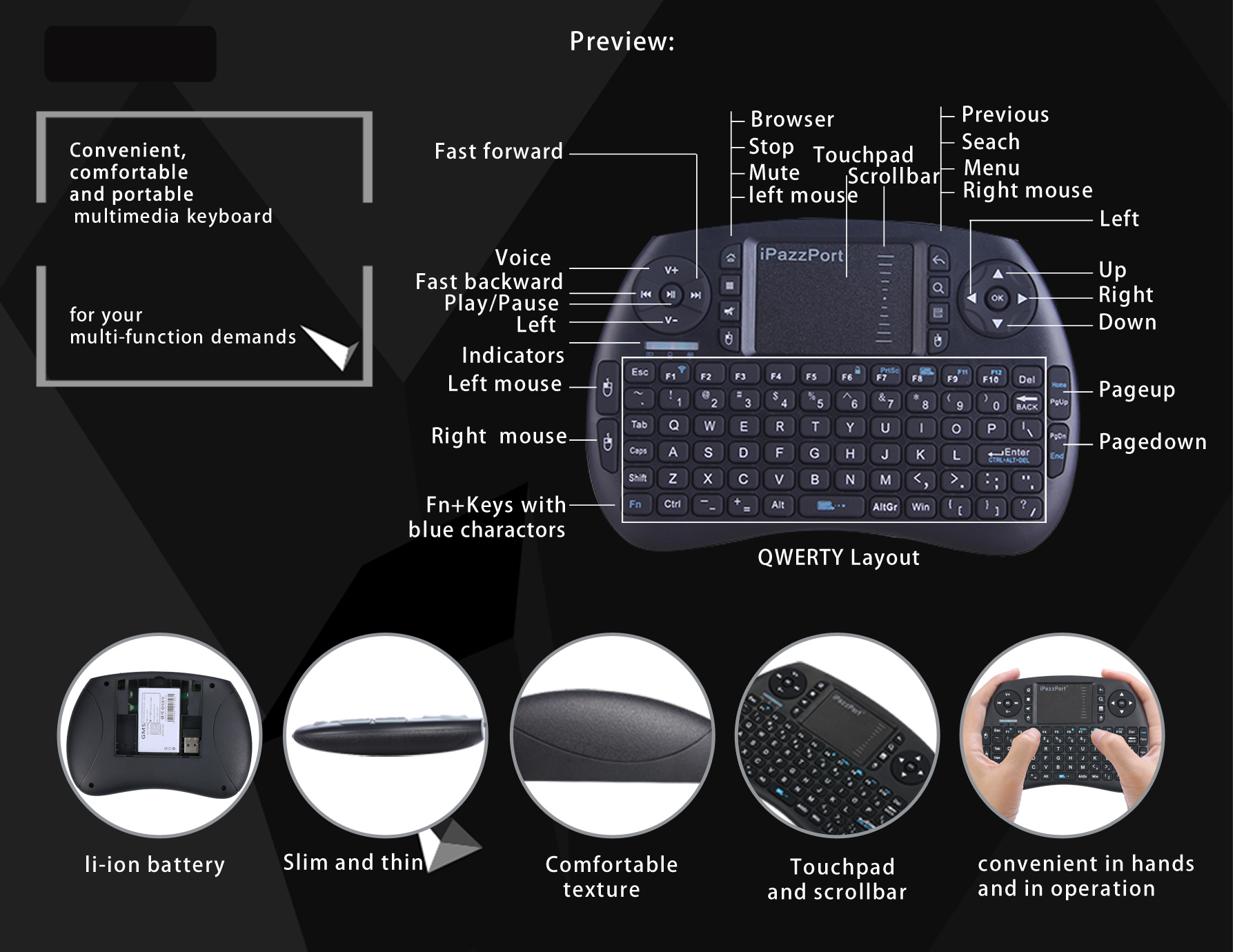 21S iPazzPort USB multimedia touchpad keyboard