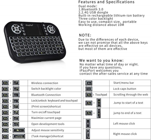 iPazzPort Mini clavier Bluetooth avec pavé tactile, clavier sans fil  rechargeable avec dongle USB 2,4 G ergonomique pour Mac TV